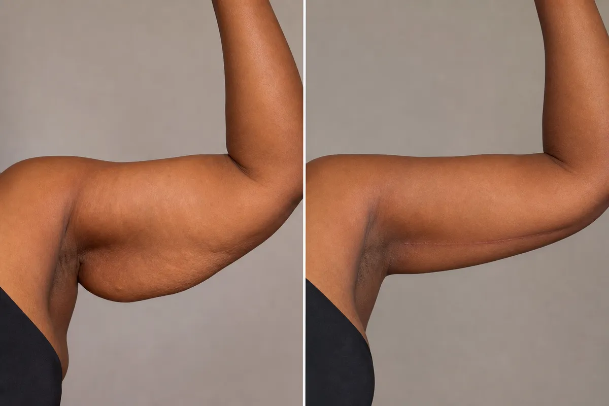 Side-by-side close-up of a Kenyan woman's upper arms before and after an arm lift, showing reduced sagging and a faint scar.
