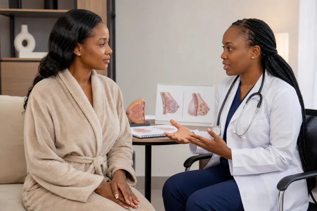 A Kenyan woman in a clinic consultation room discusses options with a female plastic surgeon near breast anatomy diagrams.