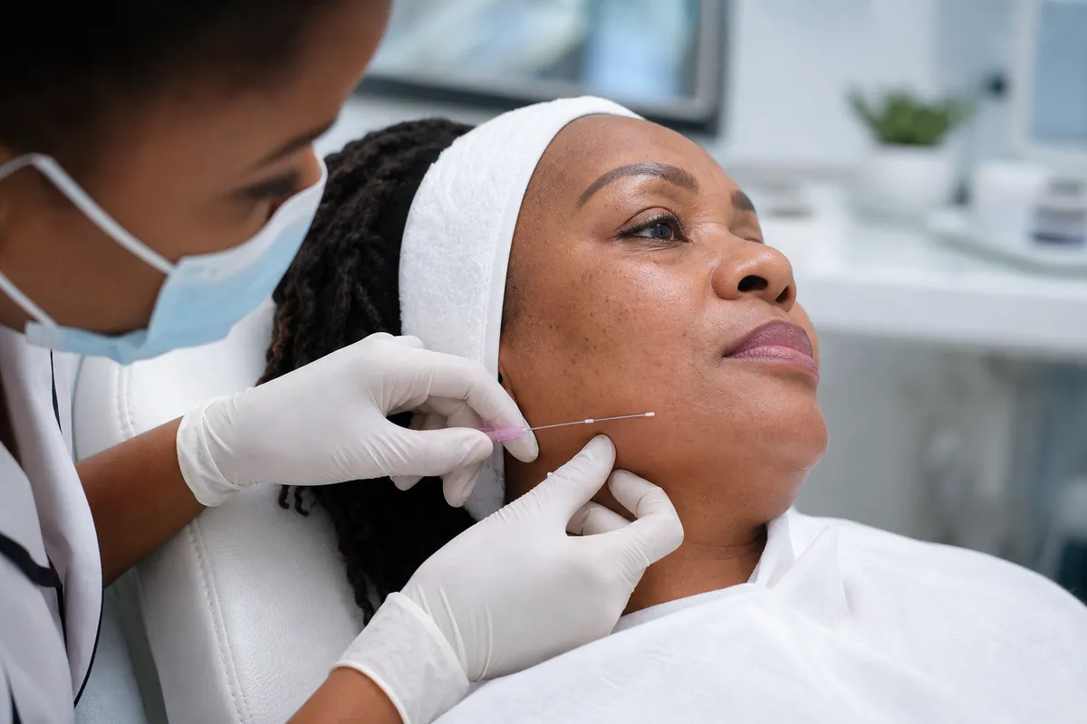A practitioner in gloves and mask carefully inserts a fine thread beneath the jawline skin of a calm, middle-aged Kenyan woman during a thread lift procedure.