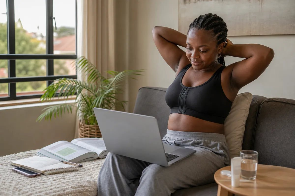 A Kenyan woman in loungewear and a support bra gently stretches while working on a laptop in a sunlit living room, with study materials, a bottle of scar ointment, and a soft pillow for support.