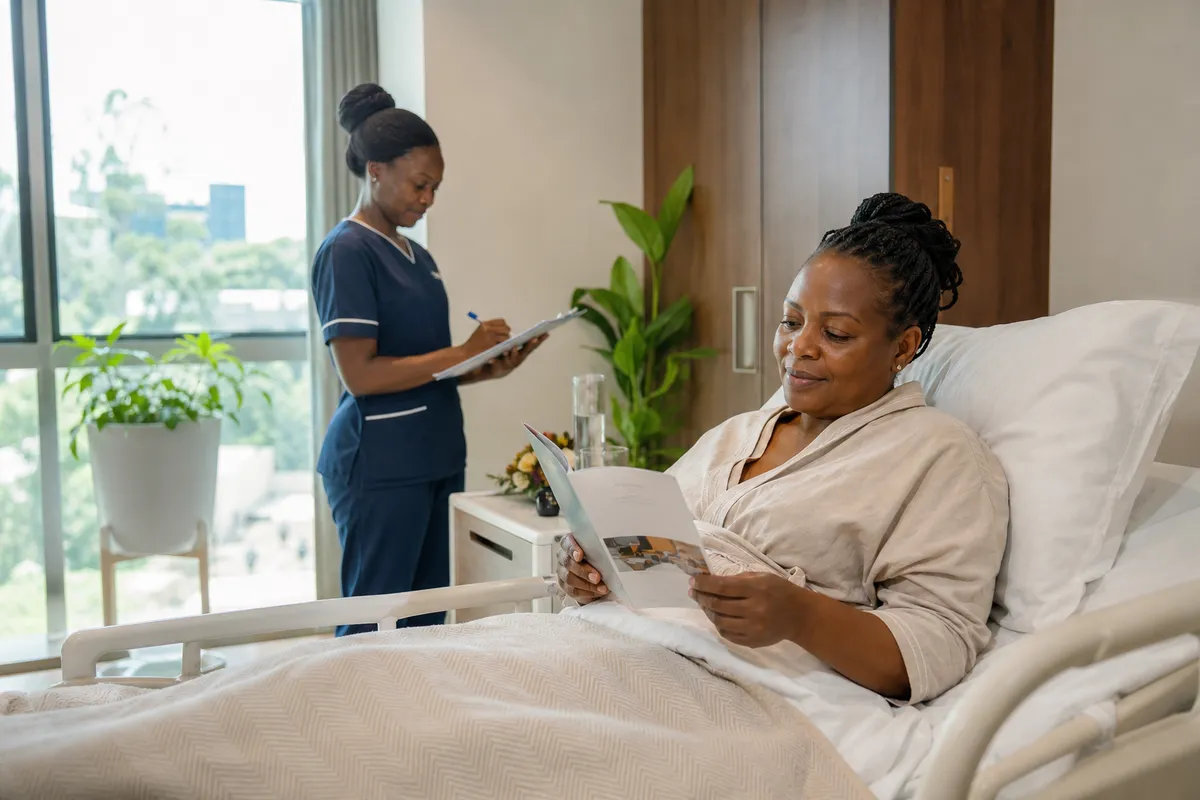 A Kenyan woman in her 40s reclines comfortably in a well-lit recovery suite reading a guide as a nurse checks her charts nearby.