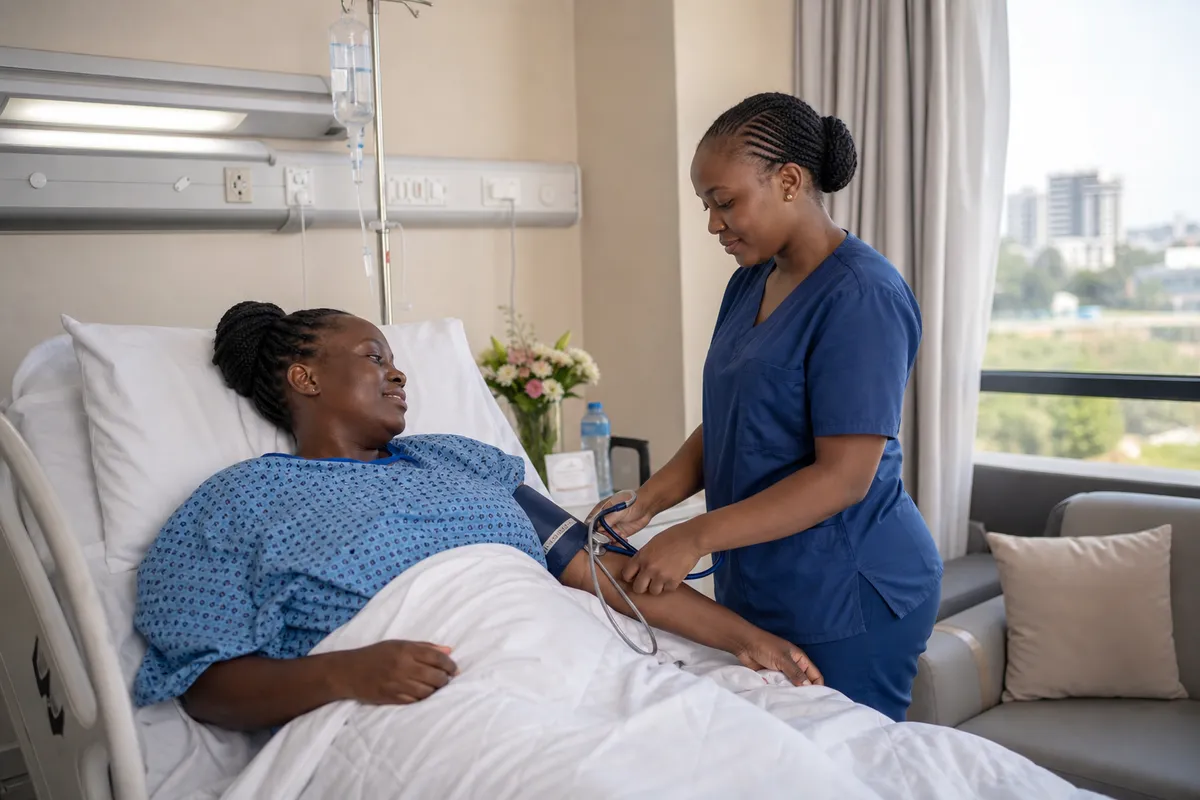 Kenyan mother in a hospital bed receiving attentive aftercare from a nurse in a sunlit recovery room.