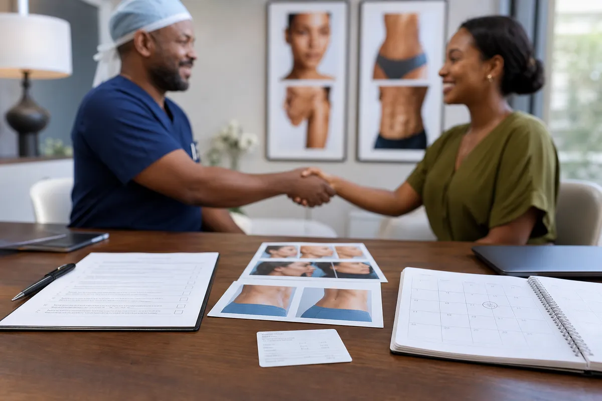 Consultation room desk displaying a personalized quotation, medical procedure photos, a deposit receipt, and a surgery date calendar with a surgeon and patient shaking hands in the background.