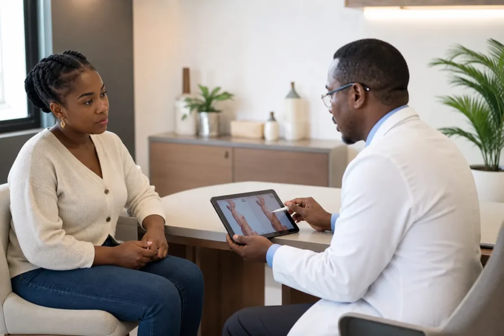 A Kenyan mother in her 30s listens to a plastic surgeon explaining procedures on a digital tablet in a modern private clinic consultation room in Nairobi.