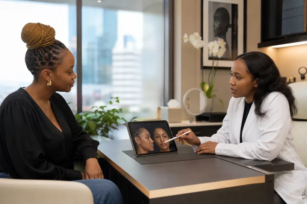 A Kenyan woman consults with a surgeon in a softly lit clinic room, reviewing a 3D nose imaging tool on a tablet.