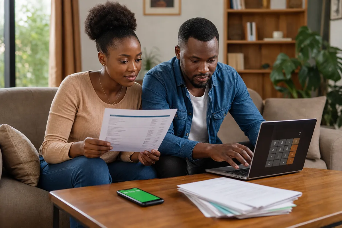 A young Kenyan couple reviews a printed treatment plan and estimated costs on a couch, with a laptop and smartphone showing a payment app and personal finance papers on the coffee table.