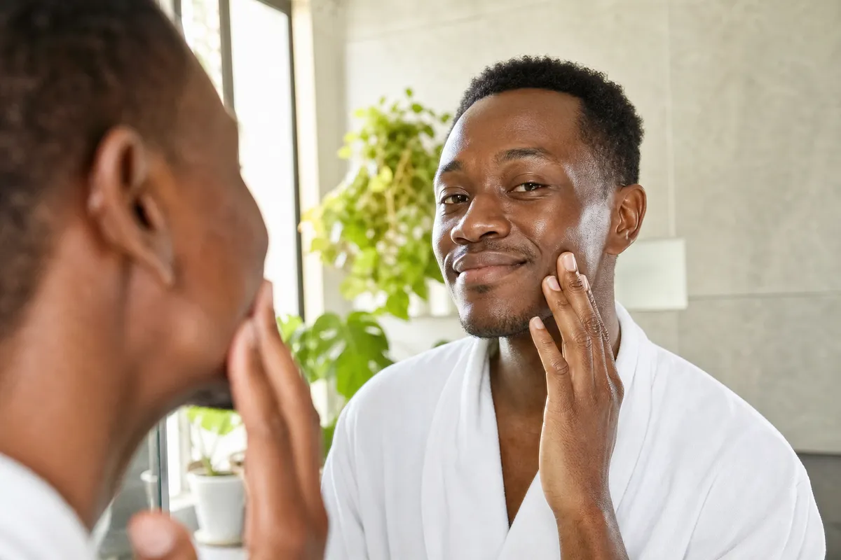 A Kenyan man in his 30s gently touching his smooth, even-toned cheek while examining his face in a bathroom mirror a few days after a superficial chemical peel.