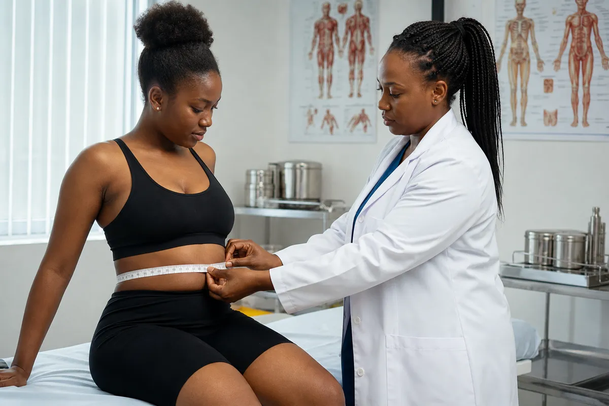 A Kenyan doctor measures a young woman's waist with a tape measure during a thorough assessment in a modern clinic room.