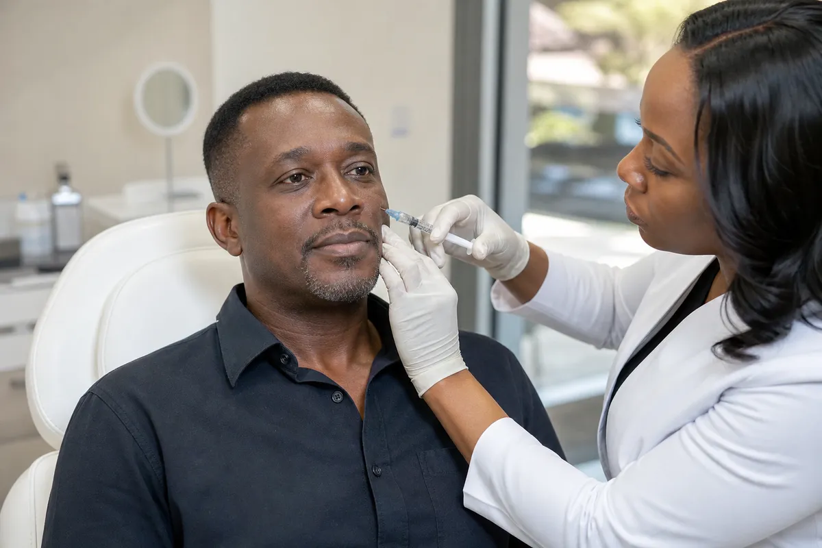 A Kenyan man in his 40s receives precise injectable facial fillers from a specialist in a bright, modern Nairobi clinic.