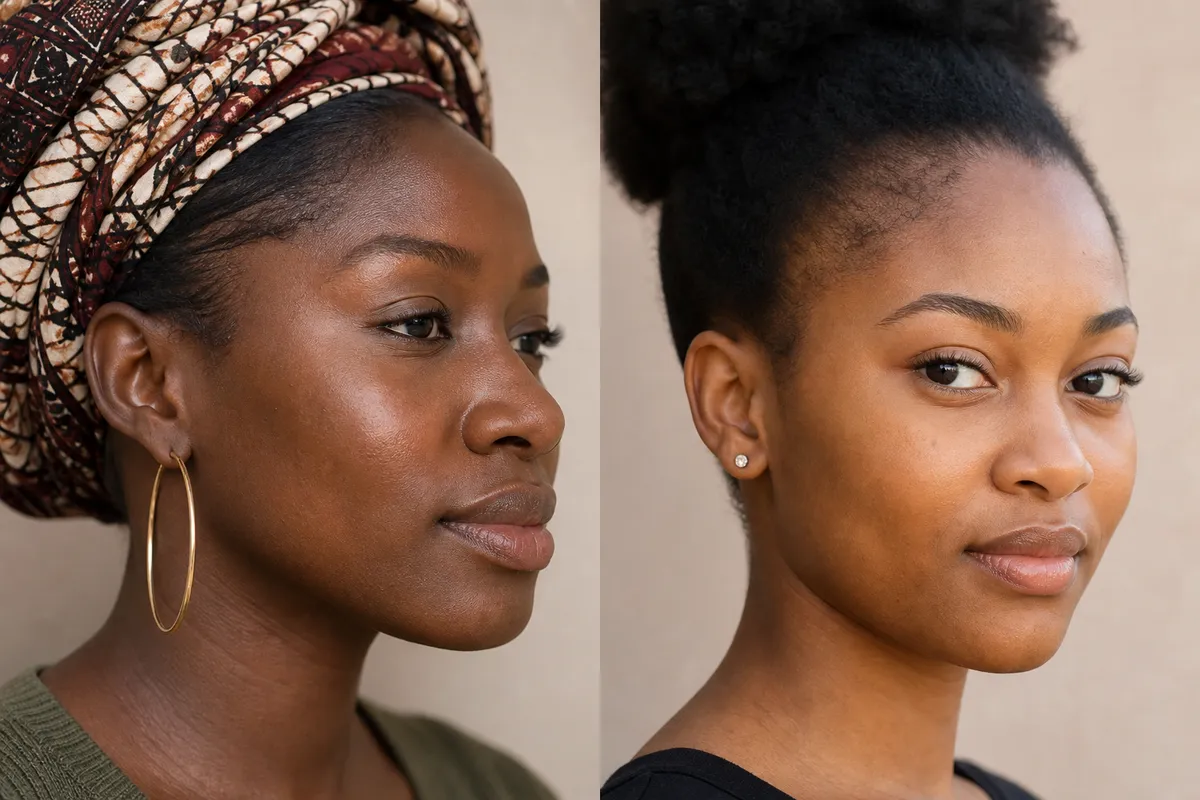 Two Kenyan women in their 20s with different nose shapes, one wearing a headwrap and the other with natural hair, both looking relaxed against a neutral background.