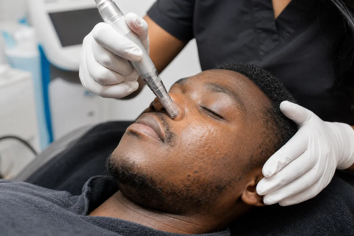 A clinician in gloves uses a microneedling device on the cheek of a Kenyan man with recent acne scarring, in a modern clinical setting.