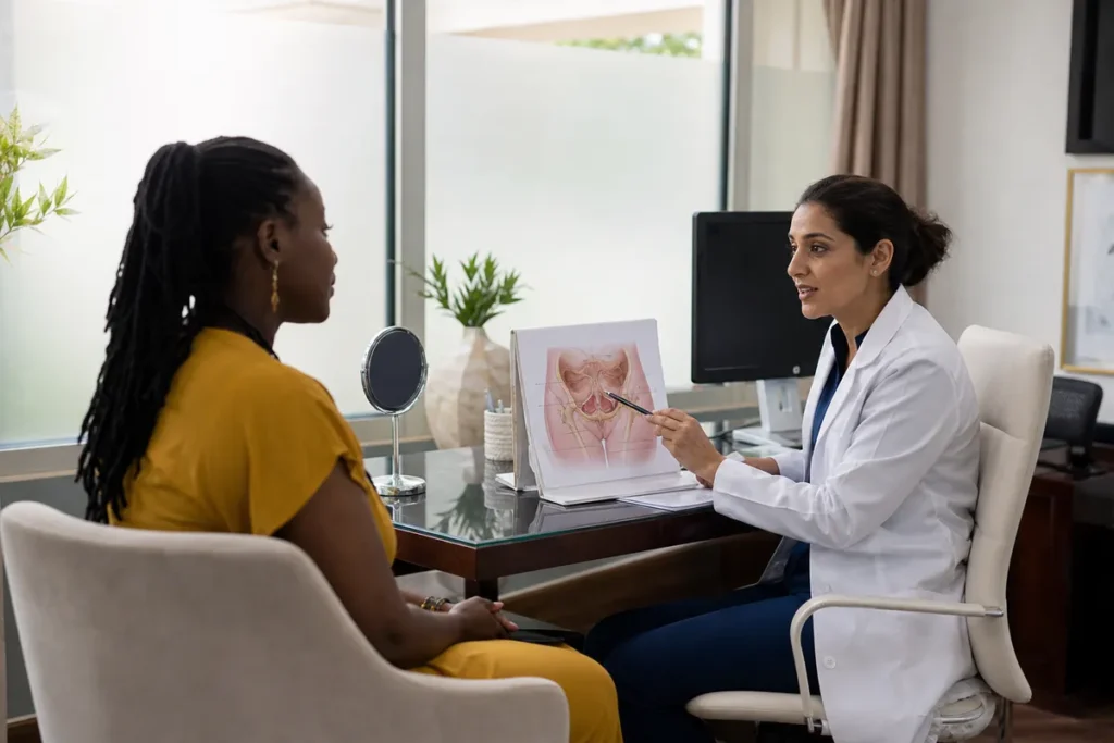 A Kenyan woman listens as a female plastic surgeon explains pelvic anatomy in a private, sunlit Nairobi clinic consultation room.
