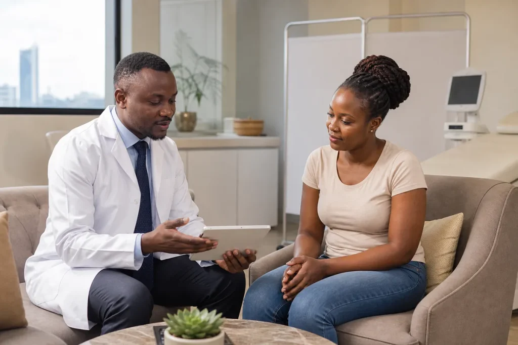 Kenyan plastic surgeon in professional attire discussing treatment options with a woman seated beside him in a serene, modern consultation room with natural light.
