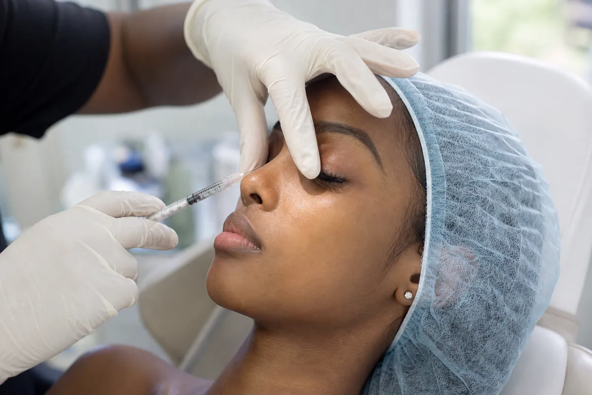 A Kenyan doctor in gloves injects filler into a young woman's nose during a liquid rhinoplasty procedure in a well-lit clinic.