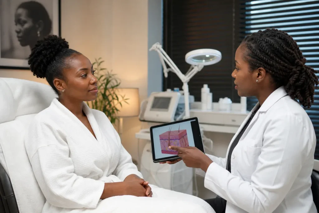 A Kenyan woman in a comfortable robe listens as a doctor explains chemical peel procedures using a tablet in a modern, private treatment room.
