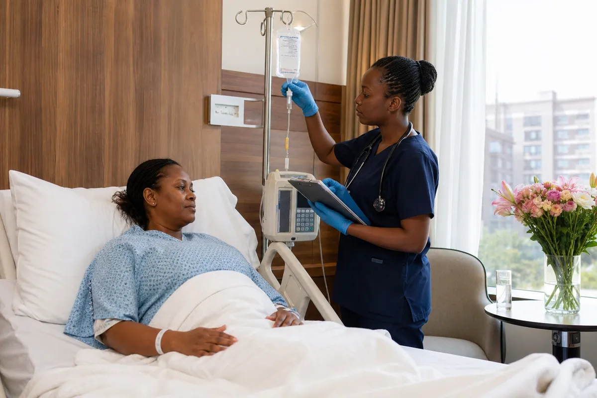 Kenyan woman in her late thirties relaxes in a private hospital room as a nurse adjusts her IV and reviews notes in soft daylight.