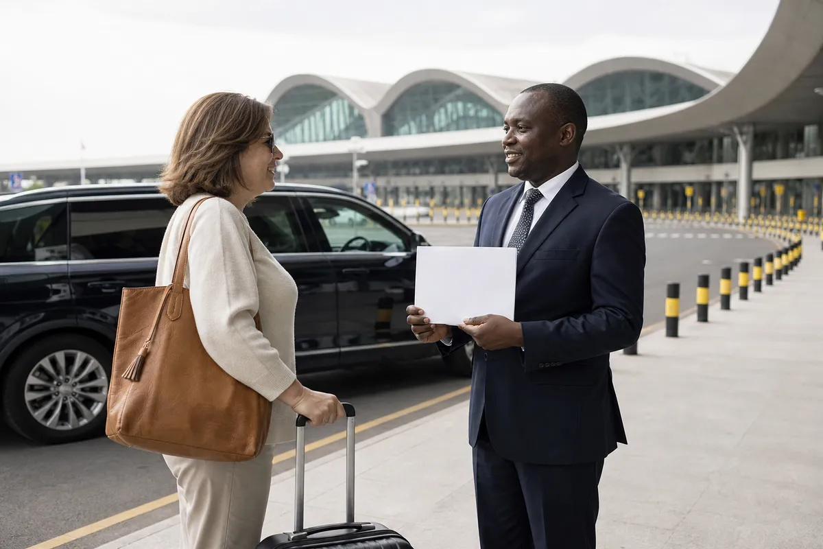 A woman in her 40s with luggage is greeted by a professional driver holding a sign outside Jomo Kenyatta International Airport, with an upscale vehicle and the terminal in the background.