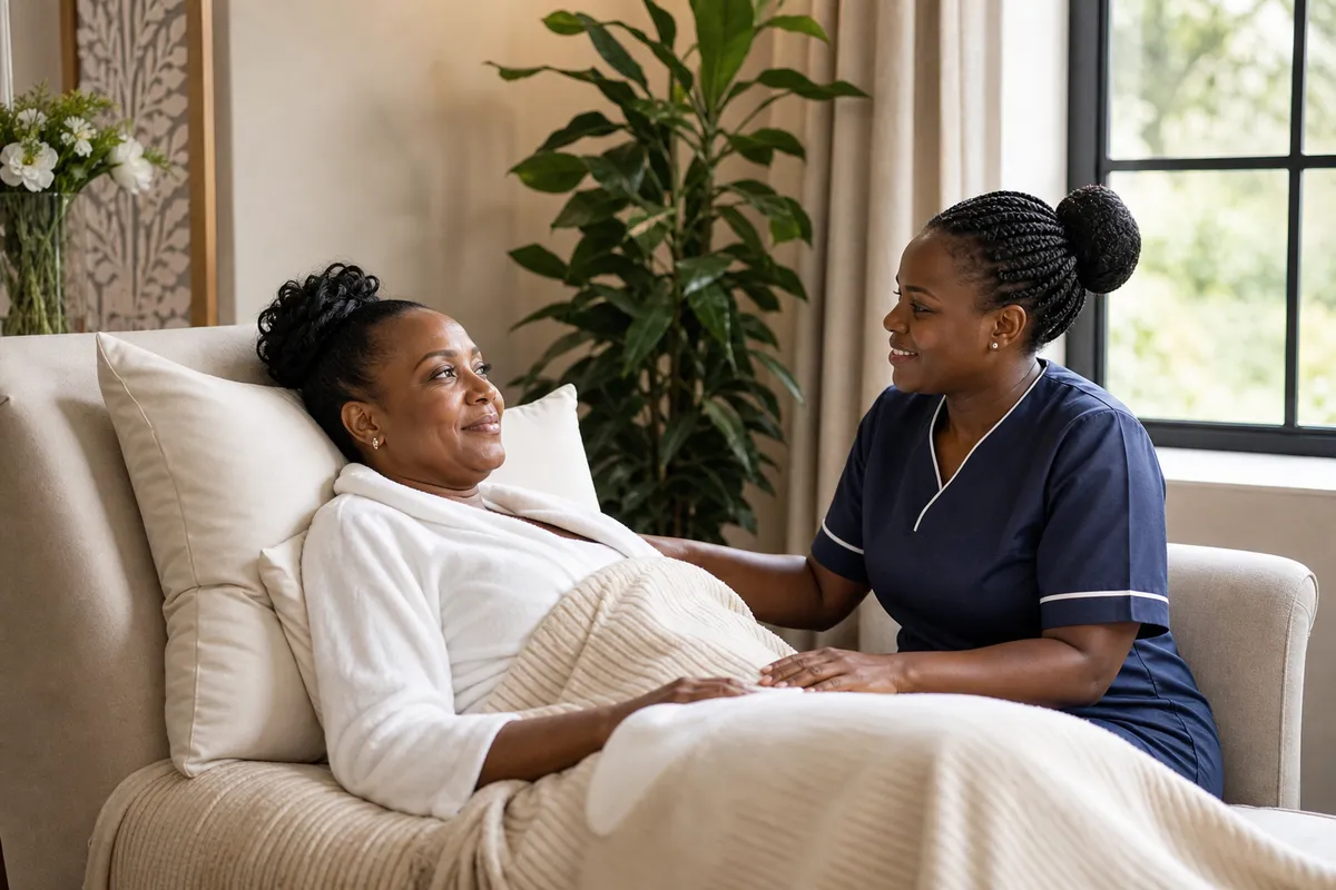 A Kenyan woman relaxes on a daybed after a procedure while a nurse checks on her wellbeing in a calm, private clinic setting with soft lighting and leafy plants.