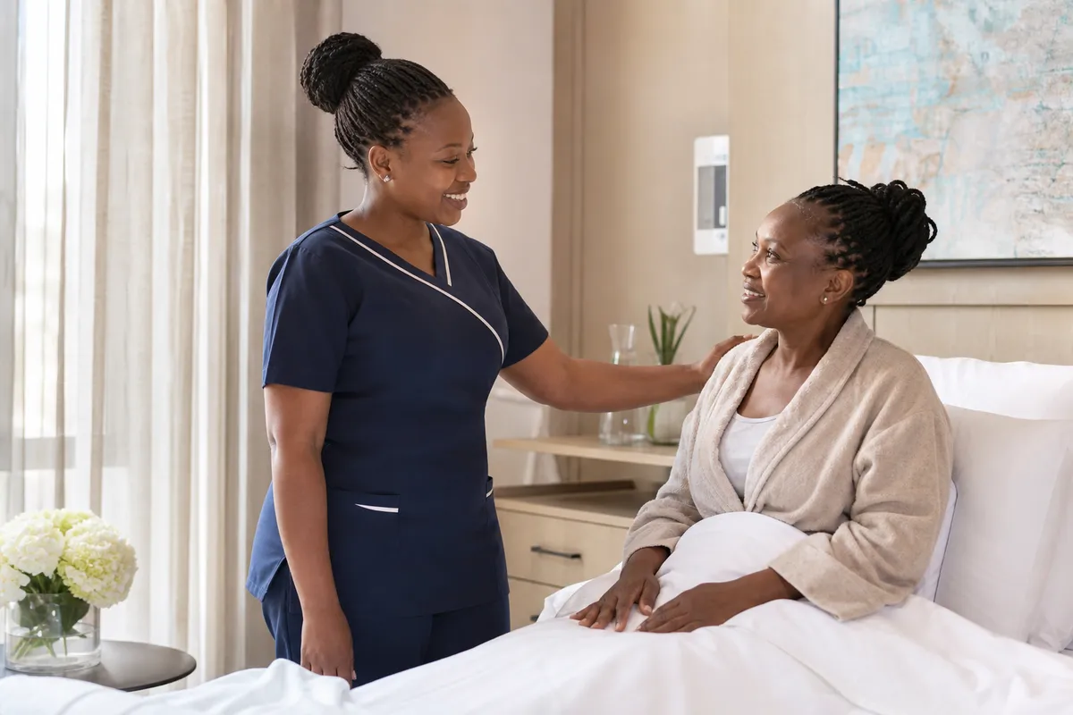 Kenyan nurse smiles reassuringly at a woman recovering after a cosmetic procedure in a modern Nairobi clinic room.