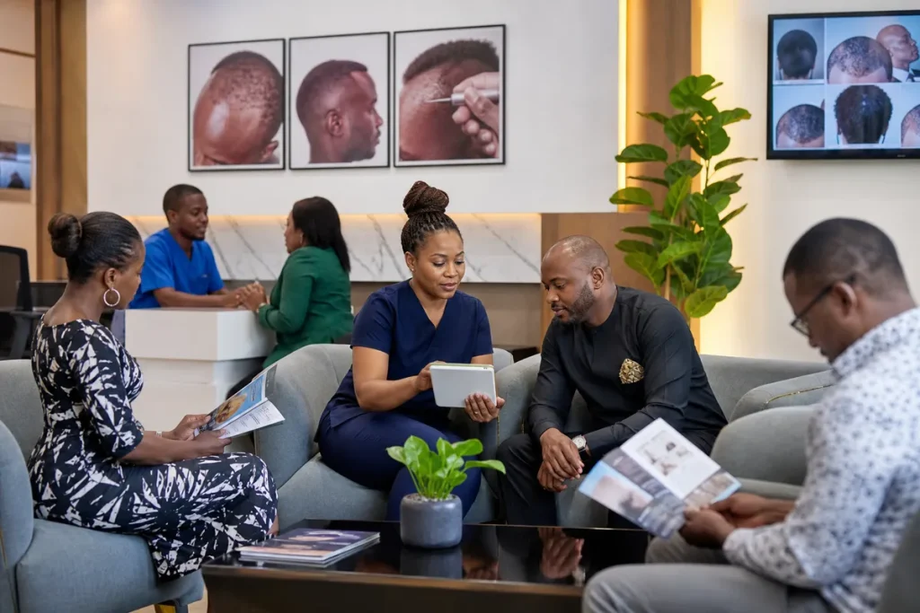 A diverse group of Kenyan adults consult with medical staff in a modern Nairobi clinic reception area, with brochures and hair restoration information visible.