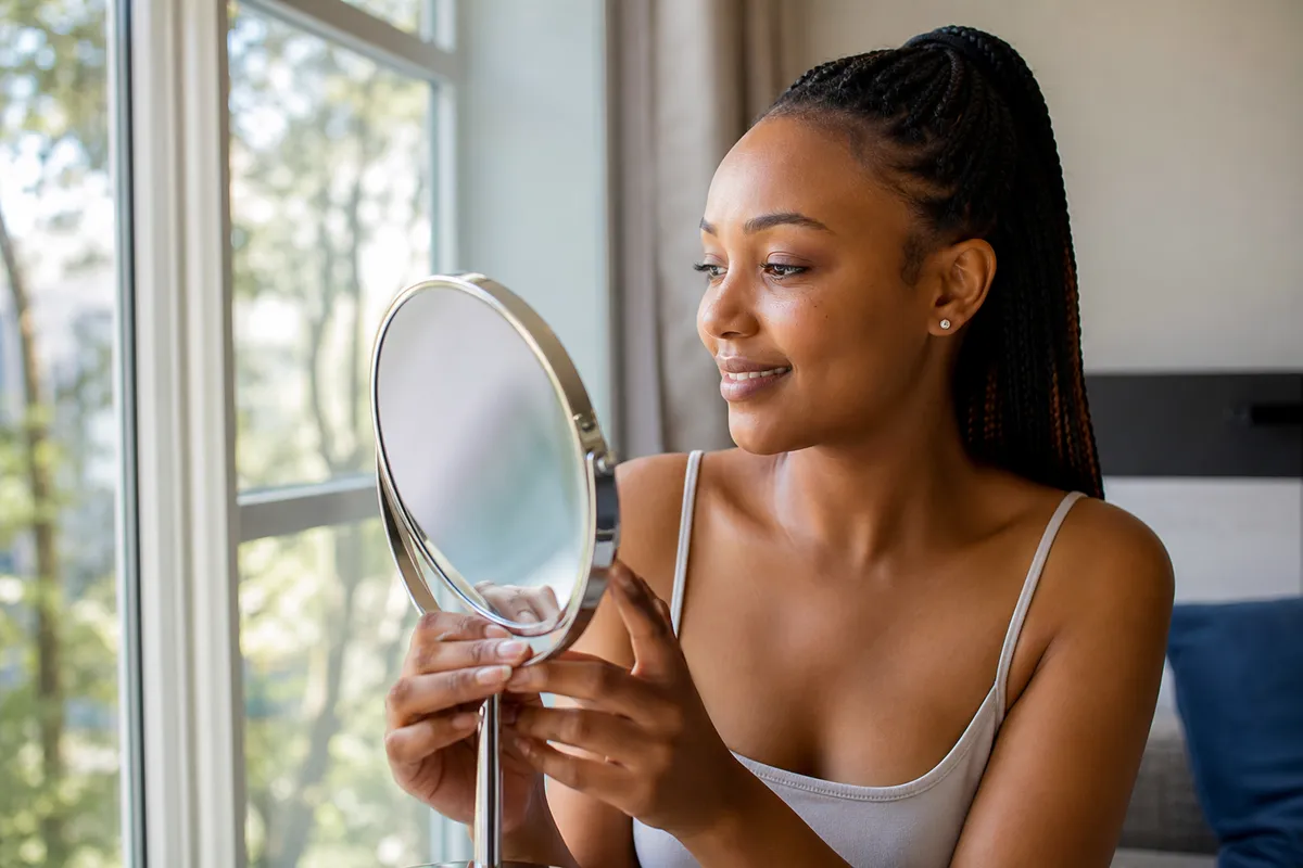 Cheerful Kenyan woman studies her nose in a handheld mirror near a bright window after receiving a natural-looking nonsurgical filler treatment.