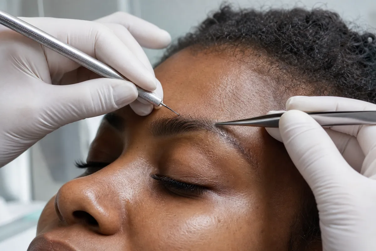A Kenyan woman receives a hair transplant to conceal a faint scar along her eyebrow at a specialist clinic.