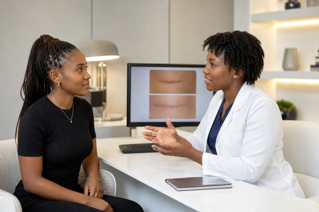Kenyan woman and plastic surgeon discuss scar removal options in a clean, modern clinic consultation room, with healed scar photos displayed on a computer screen.