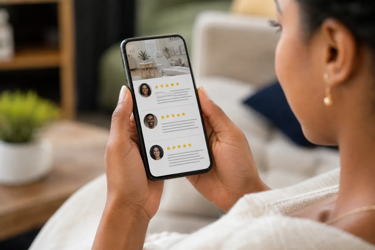 Kenyan woman's hands holding a smartphone while she concentrates on reading patient reviews for a Nairobi plastic surgery clinic in a cozy living room.