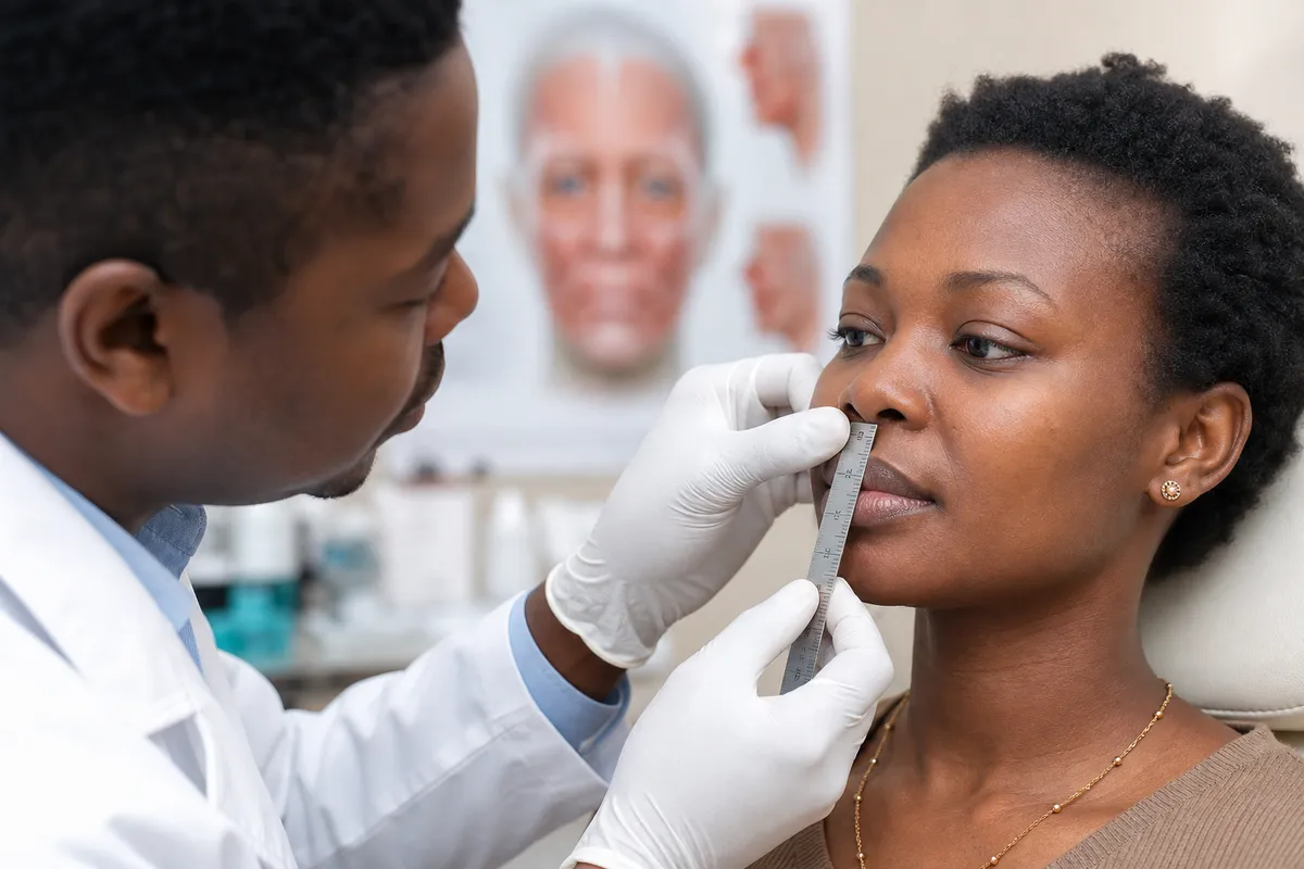 A plastic surgeon uses gloved hands and a ruler to gently measure the philtrum length of a calm adult Kenyan patient during a medical assessment.