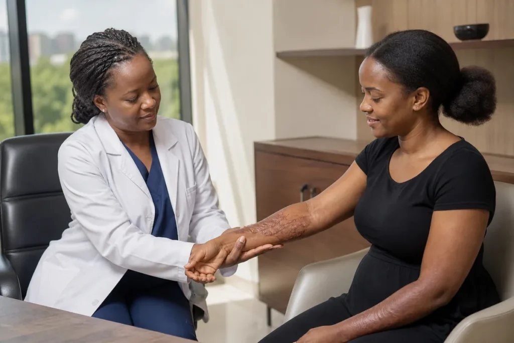 A Kenyan plastic surgeon gently examines the forearm burn scars of a hopeful adult female patient in a sunlit, modern Nairobi consultation room.