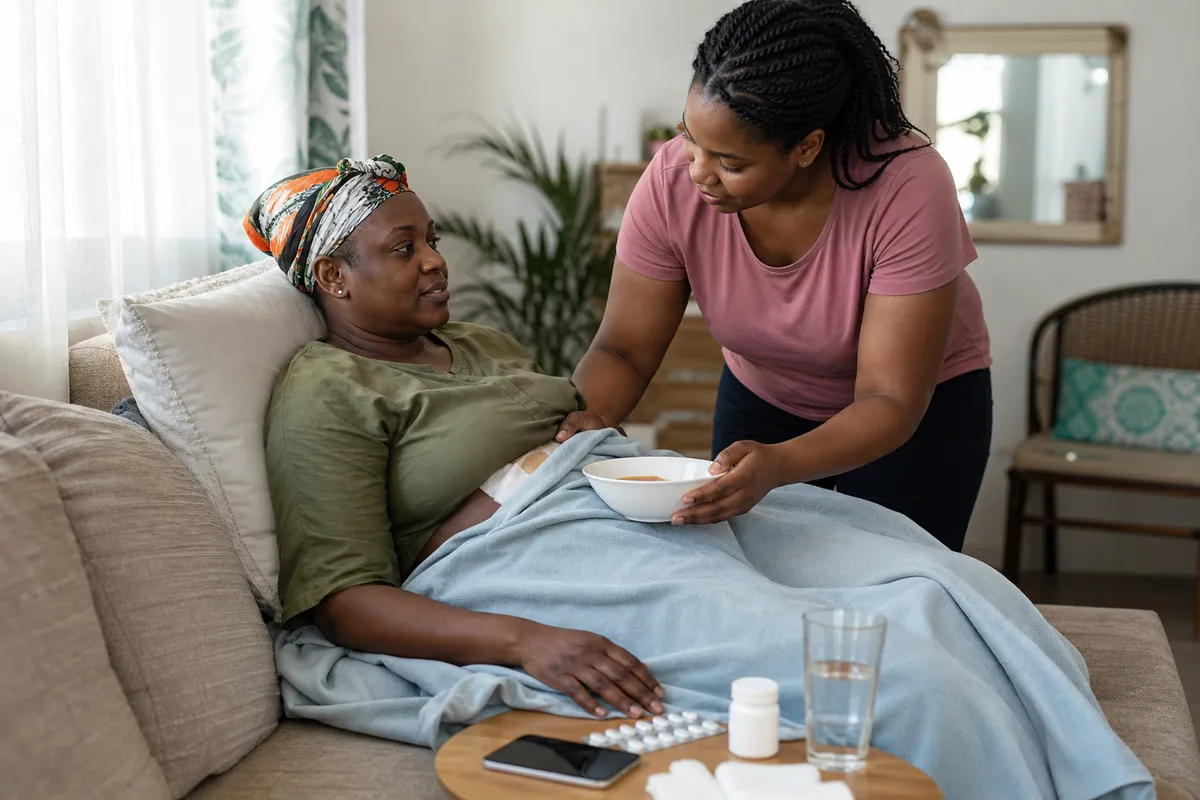 Kenyan woman resting on a sofa at home after surgery, supported by a family member with recovery items like water and medication nearby.