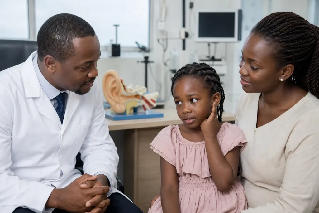 A Kenyan plastic surgeon listens attentively to a mother and her nervous child in a modern consultation room, with an anatomical ear model and medical equipment visible.