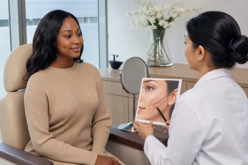 A young Kenyan woman smiles as a female plastic surgeon explains a dimple creation procedure in a bright, private consultation room.