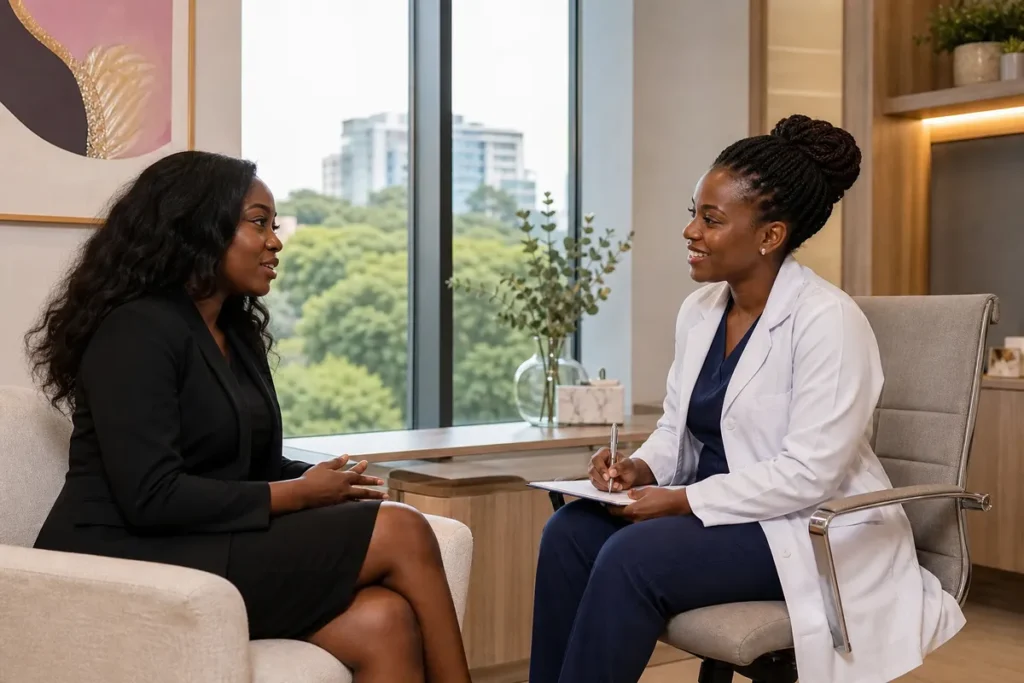 A Kenyan woman in professional attire sits with a doctor in a modern Nairobi consultation room, discussing treatment in a warm, private setting.