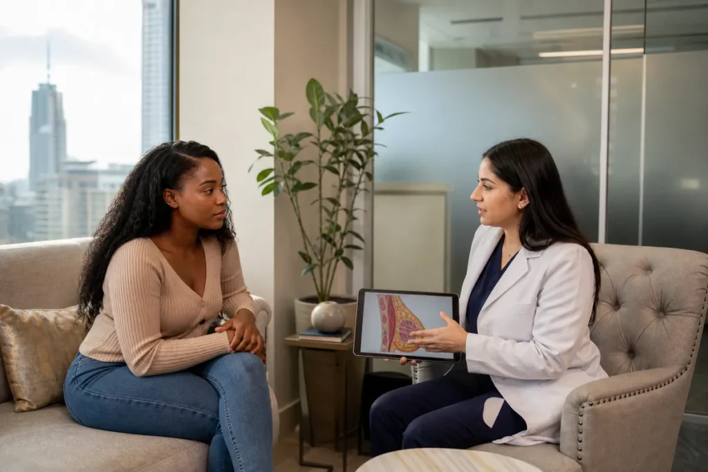 A young Kenyan woman and a female plastic surgeon discuss breast anatomy on a tablet in a softly lit, private consultation room.