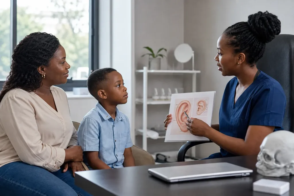A Kenyan plastic surgeon explains an ear reshaping procedure to a mother and her son in a modern Nairobi clinic office, using anatomical diagrams.