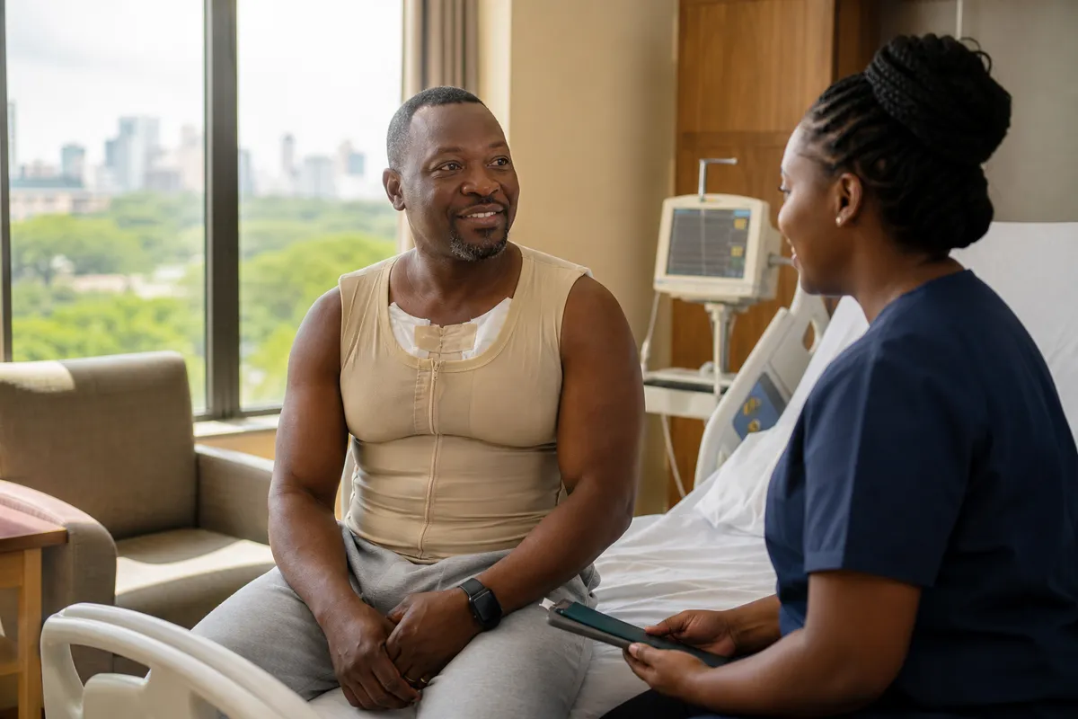 Kenyan man in his 40s sits comfortably in a private clinic room, wearing a compression garment after surgery while talking to a healthcare provider.