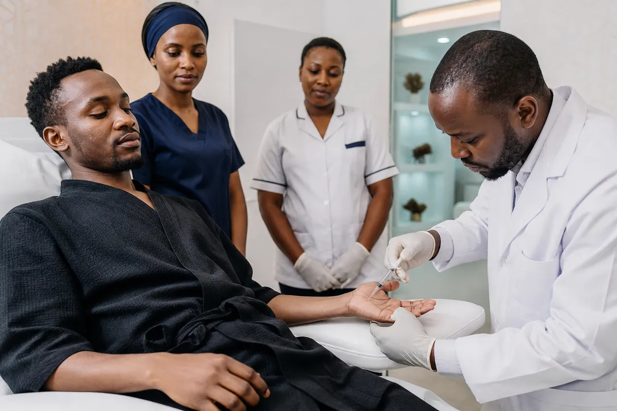 A Kenyan man in his late twenties receives botulinum toxin injections to his palm from a specialist in a clean, softly lit Nairobi treatment room, assisted by attentive clinic staff.