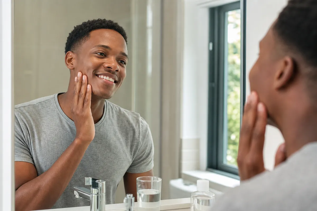 A young Kenyan man gently touches his cheek while examining his healing dimple in a bathroom mirror, with aftercare items on the counter and soft daylight from a window.