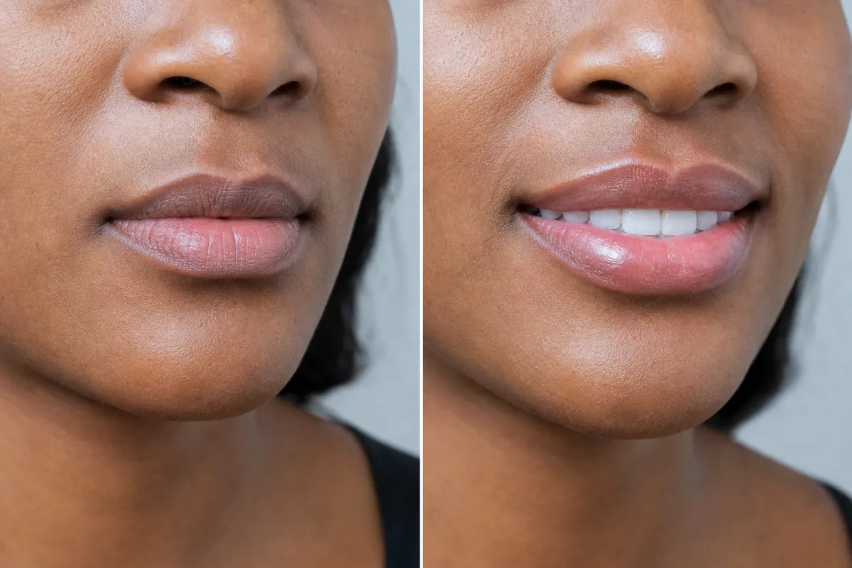 Side-by-side close-up portraits of a Kenyan woman's lower face before and after upper lip lift surgery, highlighting changes in lip shape and fullness.