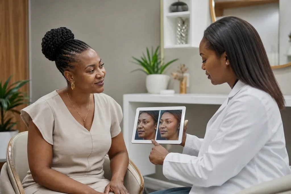 A Kenyan woman discusses subtle facial rejuvenation results on a digital tablet with a female plastic surgeon in a modern consultation room.