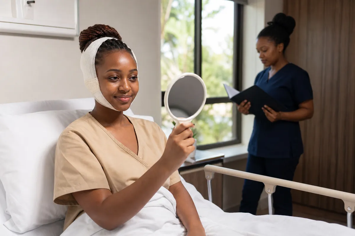 A young Kenyan woman sits on a hospital bed, smiling hopefully as she examines her bandaged ears in a mirror while a nurse reviews her chart in a bright, calm clinic room.