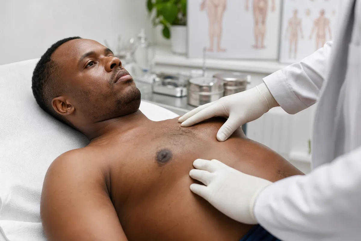 A Kenyan man in his 30s lies on an examination bed as a surgeon with gloves gently examines his chest in a well-lit medical treatment room.