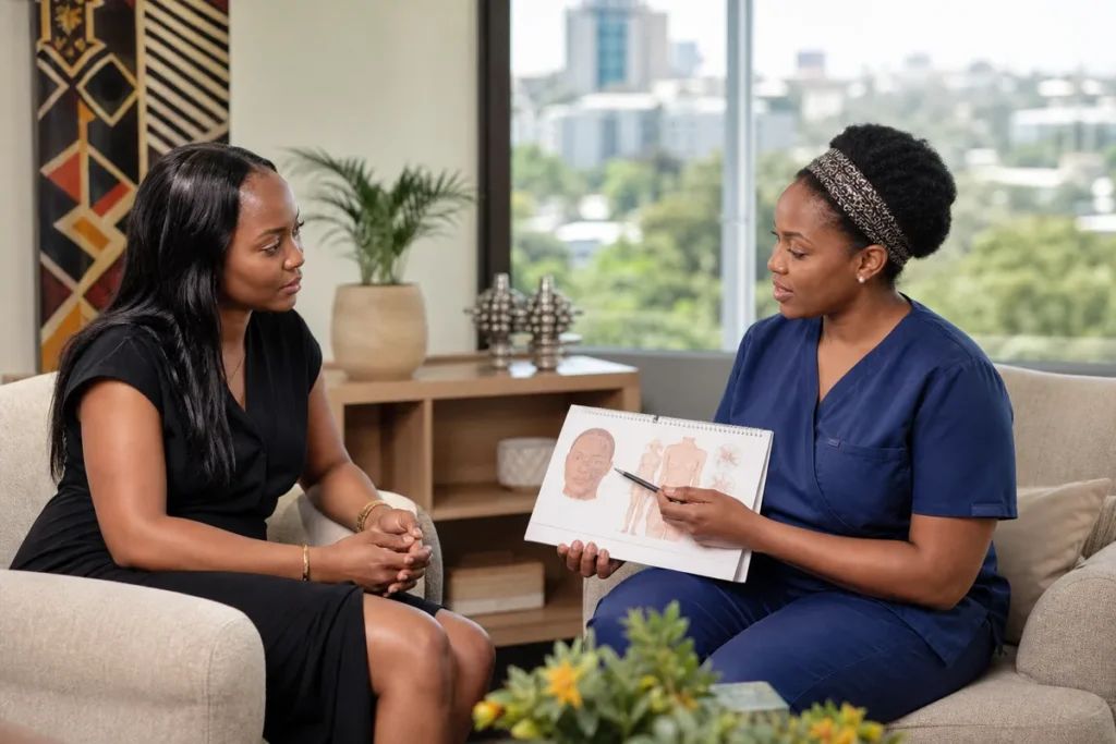 A Kenyan woman in her 30s discusses recovery details with a supportive female surgeon in a modern, warmly decorated consultation room.