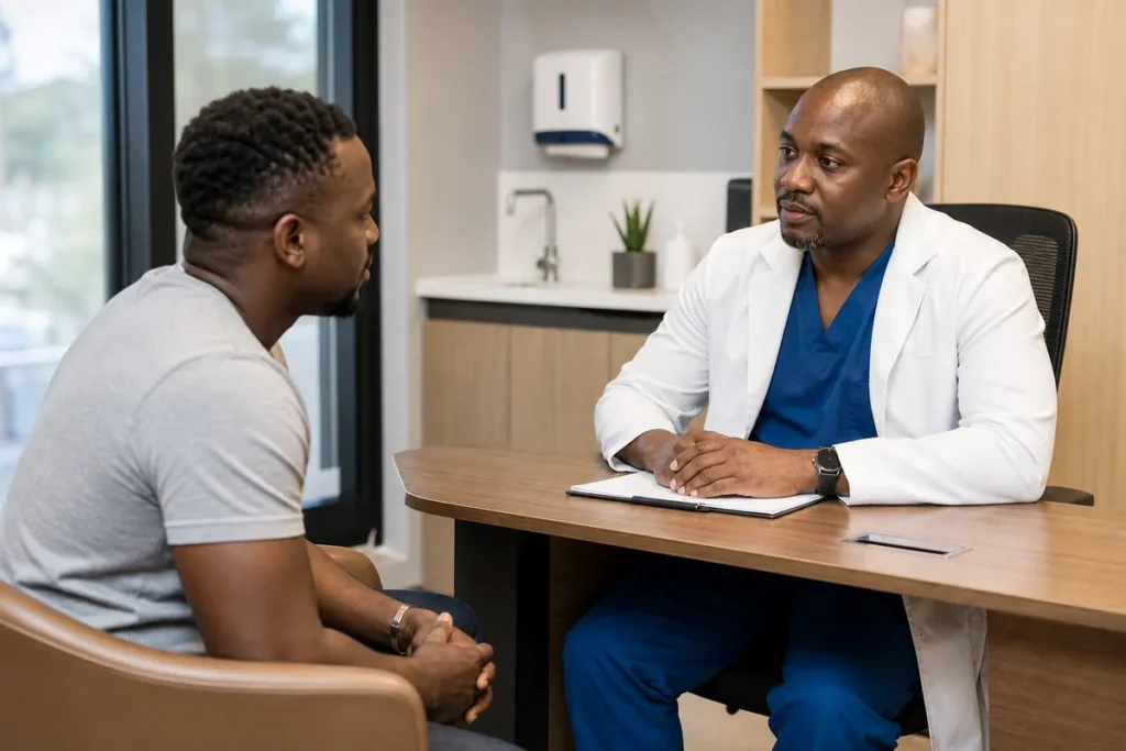 A Kenyan man and a plastic surgeon sit facing each other in a private modern Nairobi clinic, discussing the man's concerns in a compassionate and confidential setting.