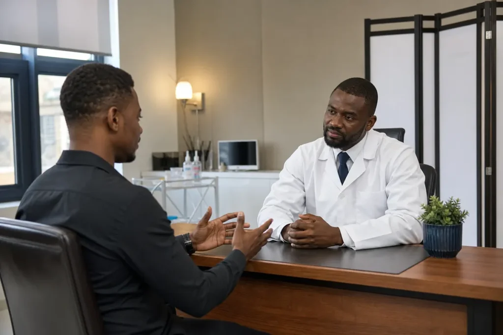 A young Kenyan man discusses concerns with a male plastic surgeon across a desk in a modern, private clinic consultation room.