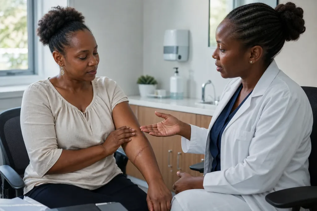 A middle-aged Kenyan woman sits in a sunlit Nairobi clinic, listening to an empathetic doctor while touching a mature scar on her forearm.