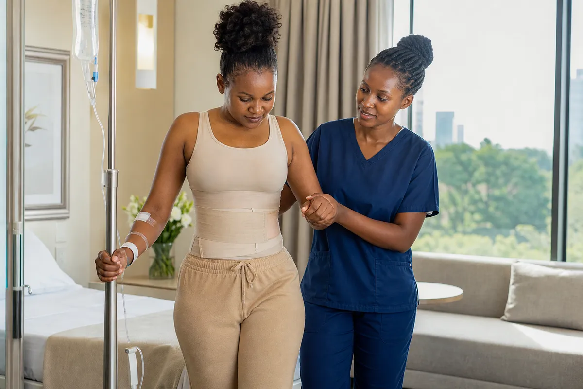 A nurse gently supports a Kenyan patient in recovery clothing as she takes her first walk in a bright, modern clinic ward.