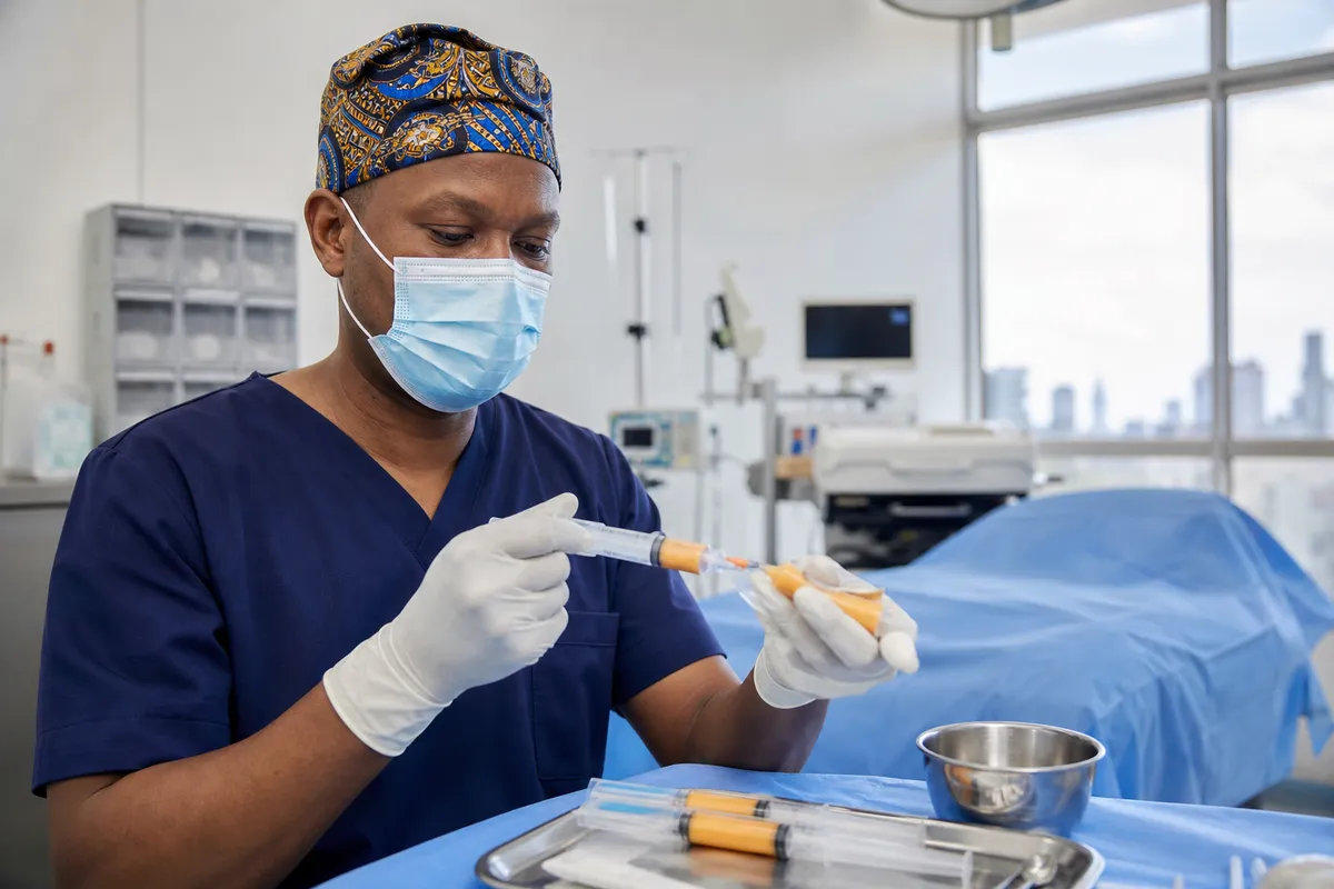 A Kenyan plastic surgeon in a bright medical room prepares syringes of purified fat with sterile technique, while a covered patient bed and unobtrusive equipment appear in the background.