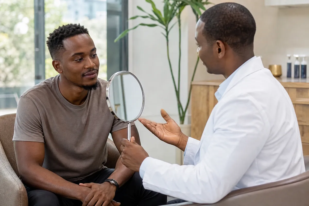 A young Kenyan man sits with a specialist in a bright, comfortable room as the doctor holds up a mirror and discusses his skin’s progress after a procedure.